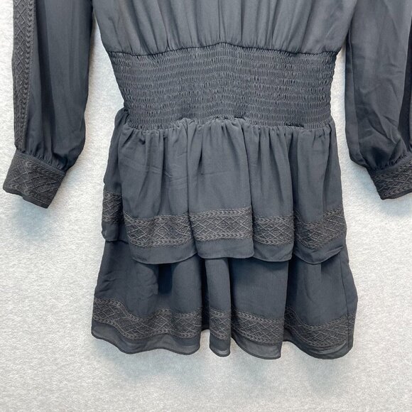 Rebecca Minkoff Noelle Dress Womens‎ XS Black Peasant Embroidered Smocked V-Neck - Picture 3 of 16